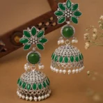 Zariya Oxidised Silver Jhumka Earrings – Green Stone Pearl Drop Ethnic Statement