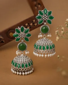 Zariya Oxidised Silver Jhumka Earrings – Green Stone Pearl Drop Ethnic Statement