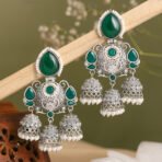 Zariya Oxidised Silver Multi Jhumka Earrings – Green Stone Pearl Drop