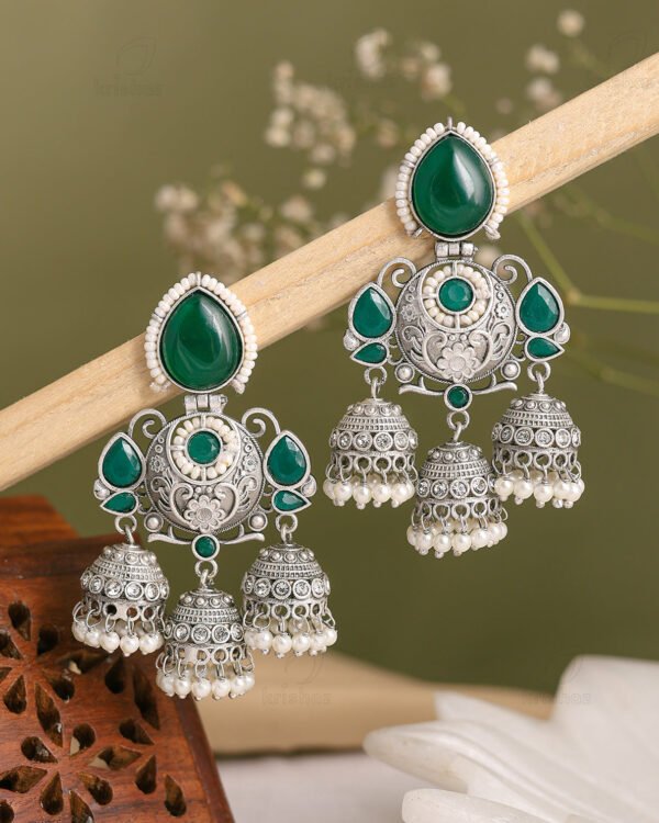 Zariya Oxidised Silver Multi Jhumka Earrings – Green Stone Pearl Drop