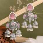 Zariya Oxidised Silver Multi Jhumka Earrings – Pink Stone Pearl Drop