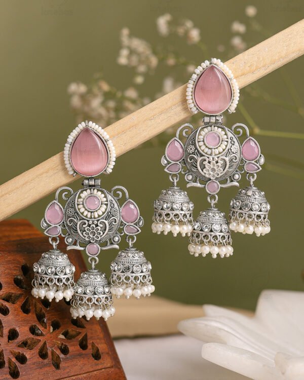 Zariya Oxidised Silver Multi Jhumka Earrings – Pink Stone Pearl Drop