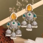 Zariya Oxidised Silver Multi Jhumka Earrings – Yellow & Green Stone Pearl Drop