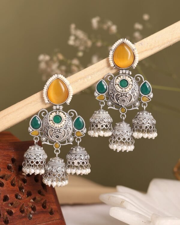 Zariya Oxidised Silver Multi Jhumka Earrings – Yellow & Green Stone Pearl Drop