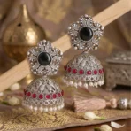 Aabha Oxidised Silver Jhumka Earrings – Black & Ruby Pearl Drop