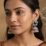 Aabha Oxidised Silver Jhumka Earrings – Black & Ruby Pearl Drop