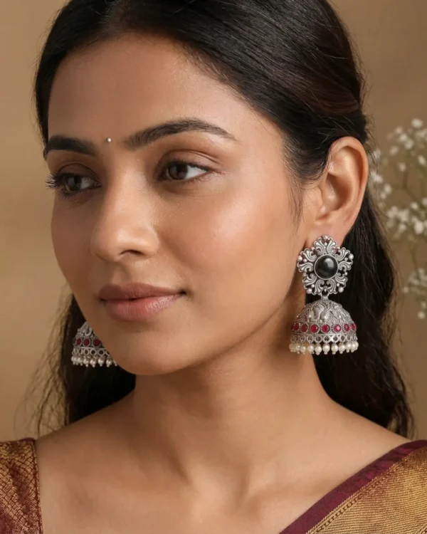 Aabha Oxidised Silver Jhumka Earrings – Black & Ruby Pearl Drop