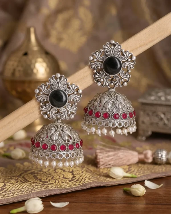 Aabha Oxidised Silver Jhumka Earrings – Black & Ruby Pearl Drop