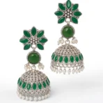 Zariya Oxidised Silver Jhumka Earrings – Green Stone Pearl Drop Ethnic Statement