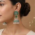 Zariya Oxidised Silver Jhumka Earrings – Green Stone Pearl Drop Ethnic Statement