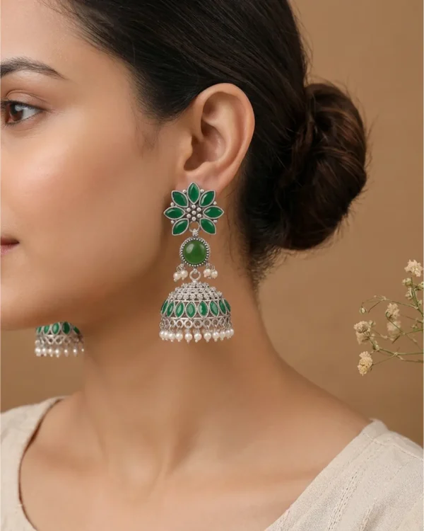 Zariya Oxidised Silver Jhumka Earrings – Green Stone Pearl Drop Ethnic Statement