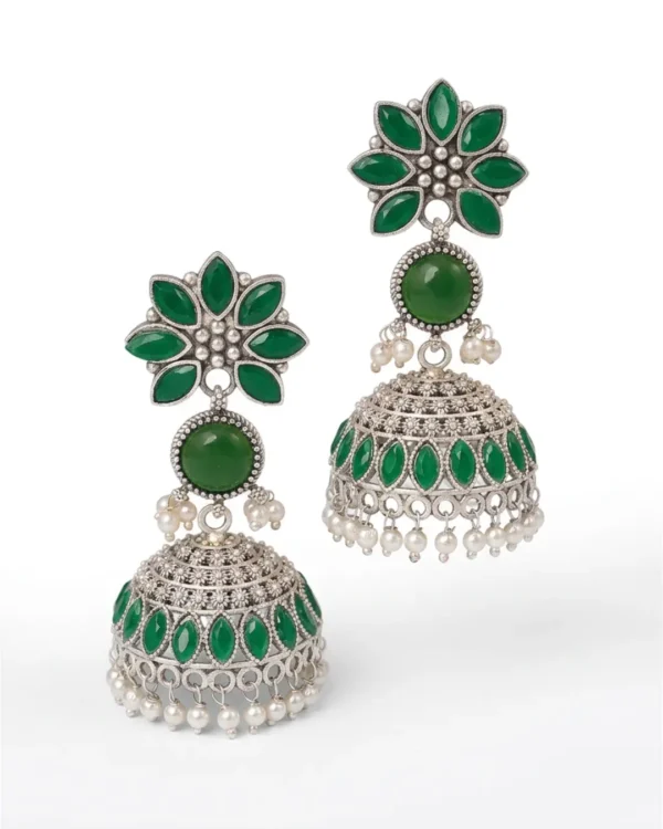 Zariya Oxidised Silver Jhumka Earrings – Green Stone Pearl Drop Ethnic Statement