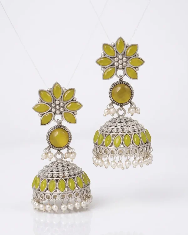 Zariya Oxidised Silver Jhumka Earrings – Yellow Stone Pearl Drop Ethnic Statement