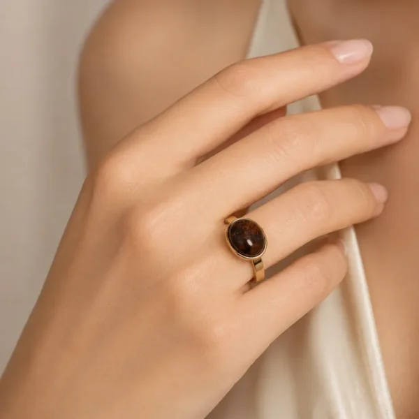 Elegance Statement Gold Ring with Rich Brown Amber Stone - Anti Tarnish Ring Elegance Statement Gold Ring with Rich Brown Amber Stone - Anti Tarnish Ring